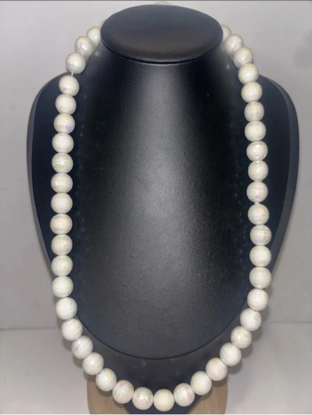 Vintage Made in Austria Iridescent White Beaded Necklace‎ 24” Faceted AB Finish